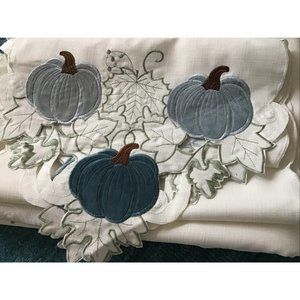 Ivory Tablecloth and Runner  with Autumn Leaves, Blue Pumpkins